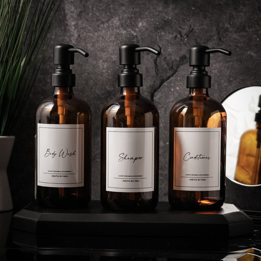 Amber Glass Bathroom Soap Dispenser - Set of 3