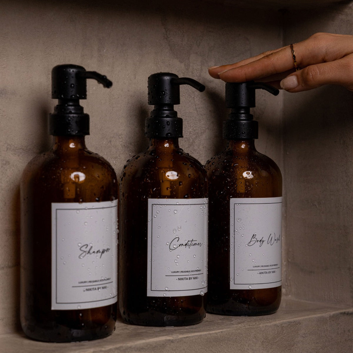 Amber Glass Bathroom Soap Dispenser - Set of 3