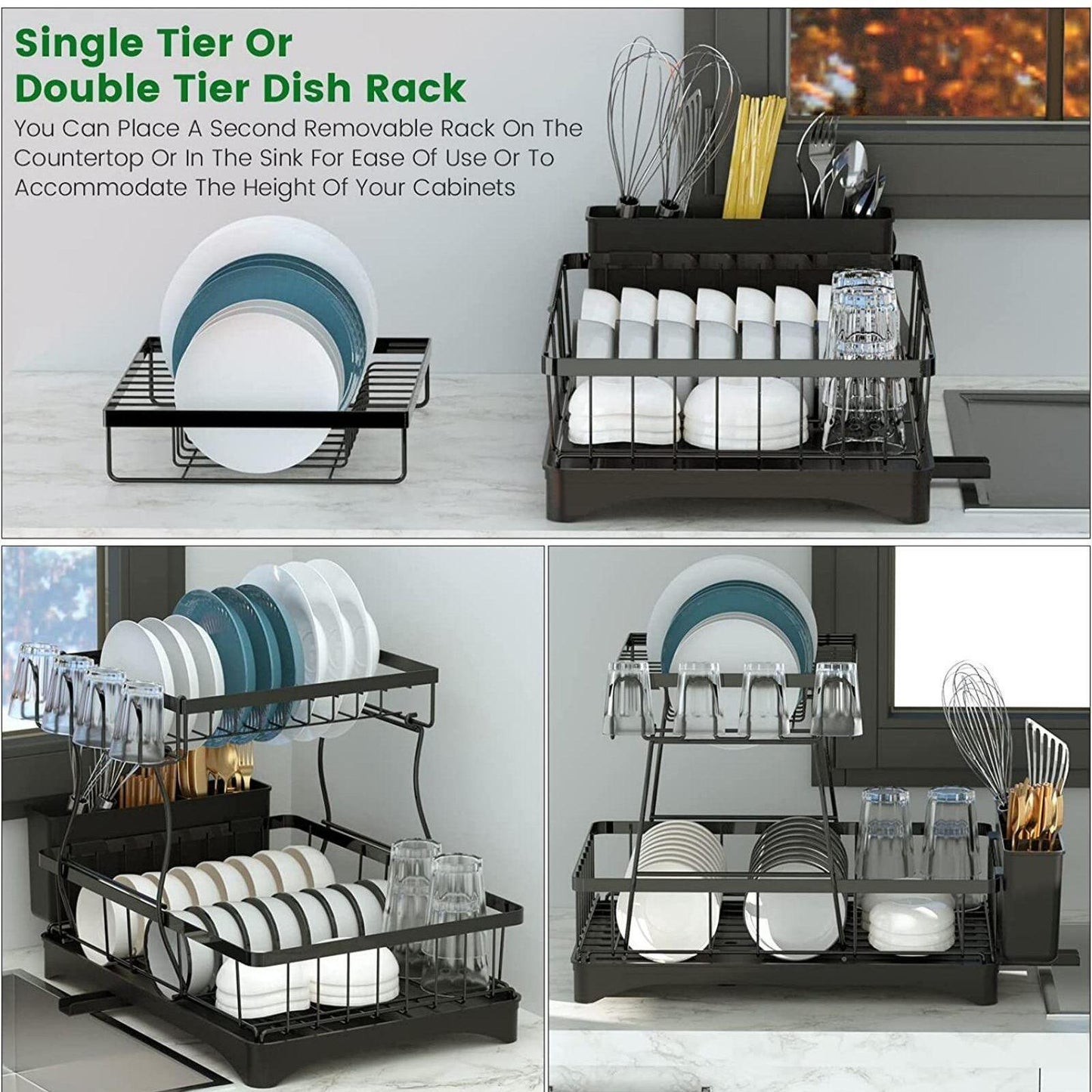 2 Tier Dish Rack for Kitchen Counter,Dish Drying Rack with
