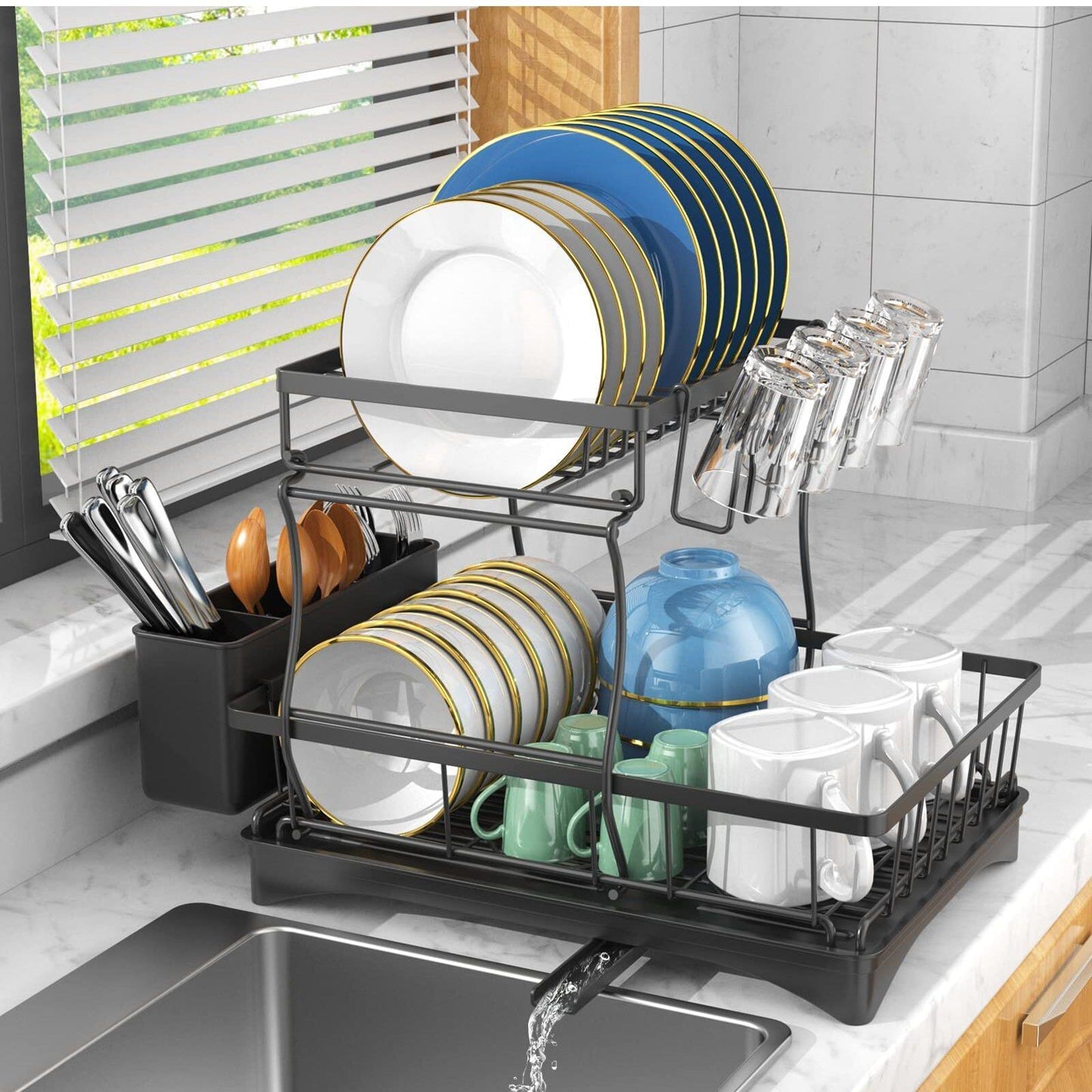 2 Tier Dish Rack for Kitchen Counter,Dish Drying Rack with