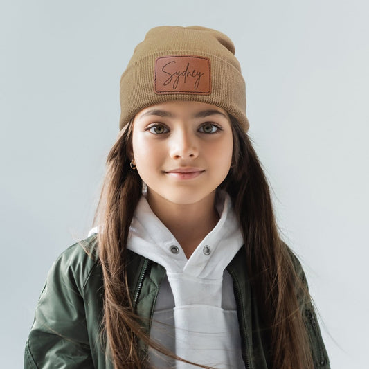 Personalized Beanie with Engraved Leather Patch